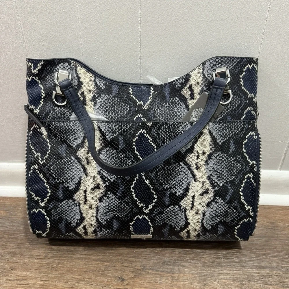 Vince Camuto Emely Snake Embossed Leather Tote Bag NEW Blue‎ Black